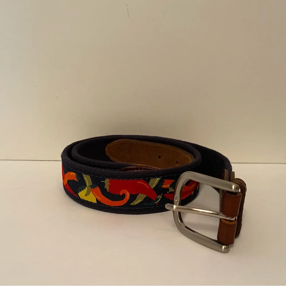 THE BELTED COW BELT BLUE CANVAS RED CHILI PEPPER BROWN LEATHER SIZE 34 USA